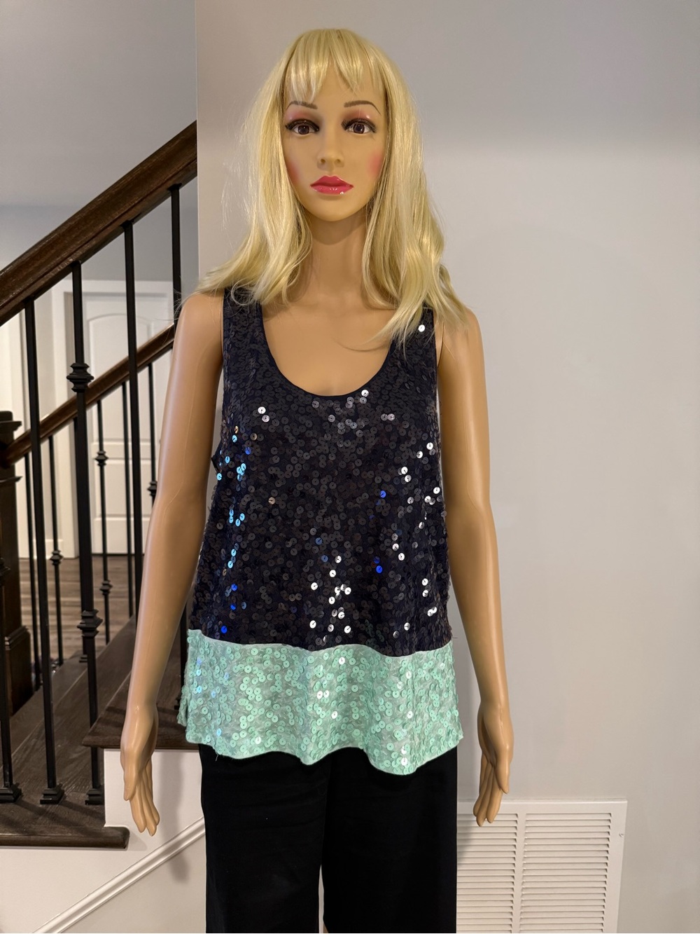 J. Crew Navy Sequin Tank with Mint Hem